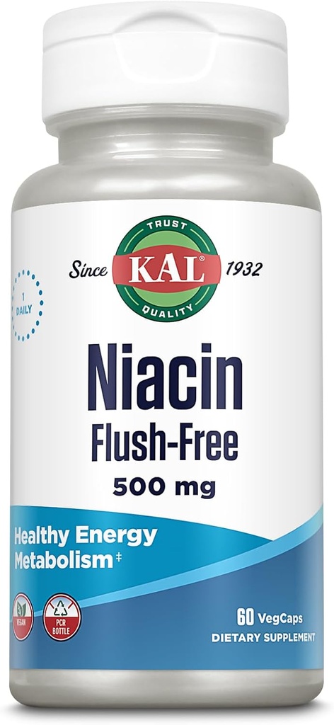 Kal Niacin 500mg Flush Free - vitamín B3 doplněk - Metabolismus a energie podpora - Kůže, Nerve, Hudební zdraví a cirkulační podpora - Veganský vitamín, 60- denní záruka, 60 Služební, 60 VegCaps