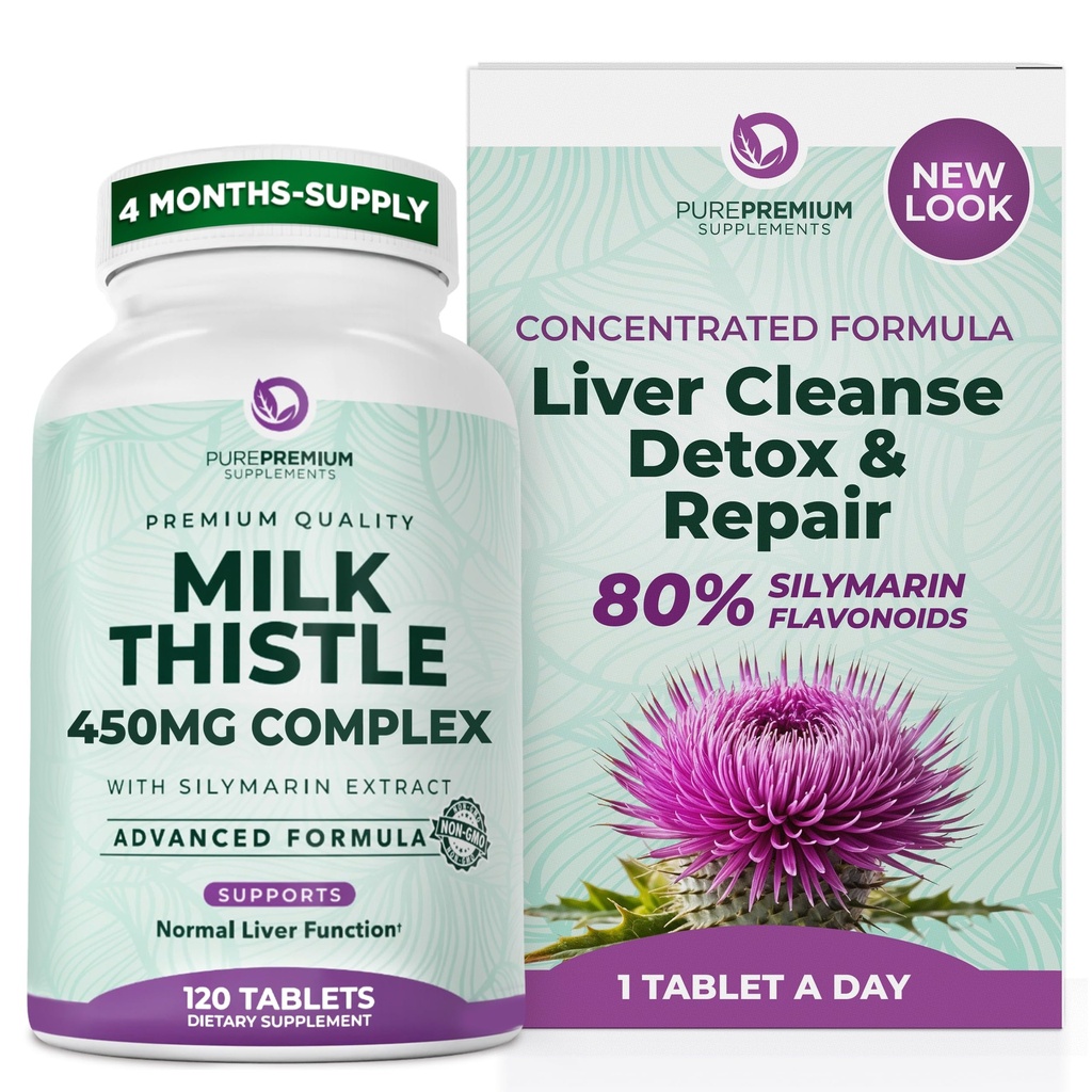 PurePremium Milk Thistle Dodatek - Játra čištění Detox & Opravy, 80% Silymarin Standardizovaný extrakt - 450mg Komplexní podporuje normální funkce jater - Non- GMO, gluten- Free - 120 Dodávka
