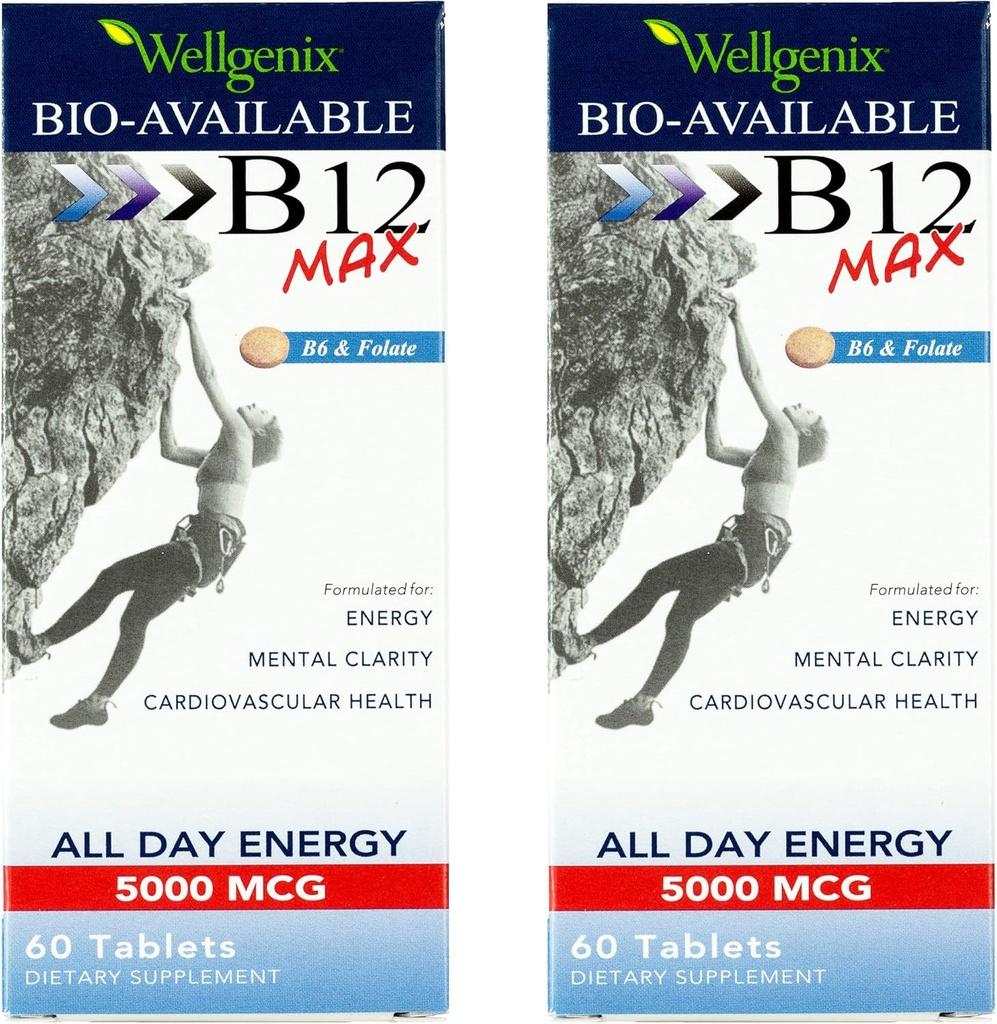 Wellgenix Bio- Dostupné sublingvální B12 Max - Vyhovuje vysoké absorpci - Nutritional Multivitamin B12, B6, Folát - Rychlé rozpuštění (60 Ct) 2 Pack