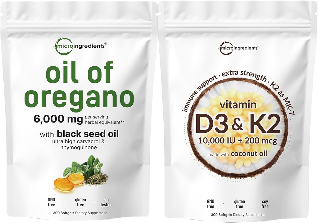 Micro Ingredients Oil of Oregano Softgels 6,000mg Per Serving & Vitamin D3 10,000iu + K2 200mcg Coconut Oil Softgels Bundle 2 Balení 124; 4X Strength Carvacrol & Thymoquinon phase 124; Essential Sunshine Vitamíny