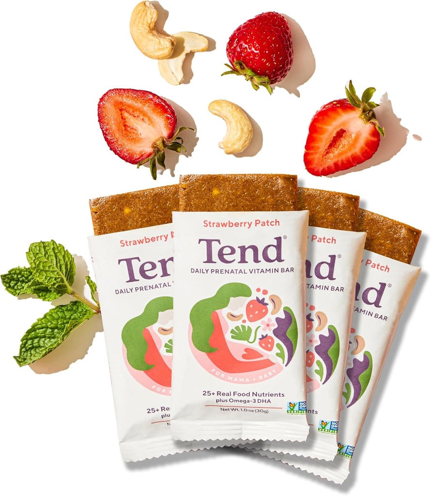 Tend Daily Nejlepší Prenatal vitamin Bar, Vyrobeno s organickými složkami pro těhotné a poporodní matky, Zahrnuje DHA, Vitamin D, B, Choline, Folát - Jahodová Patch (4ct)