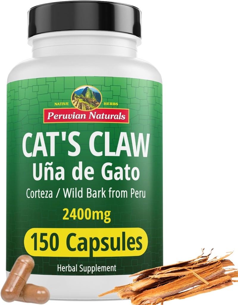 Peruánské Naturals Cat 's Claw Bylinný dodatek 150 Kapsle - Uña de Gato 2400mg Vegan, 100% přírodní kočky Claw Bark Grown v Peru, Non- GMO, Uncaria Tomentosa UNA de Gato