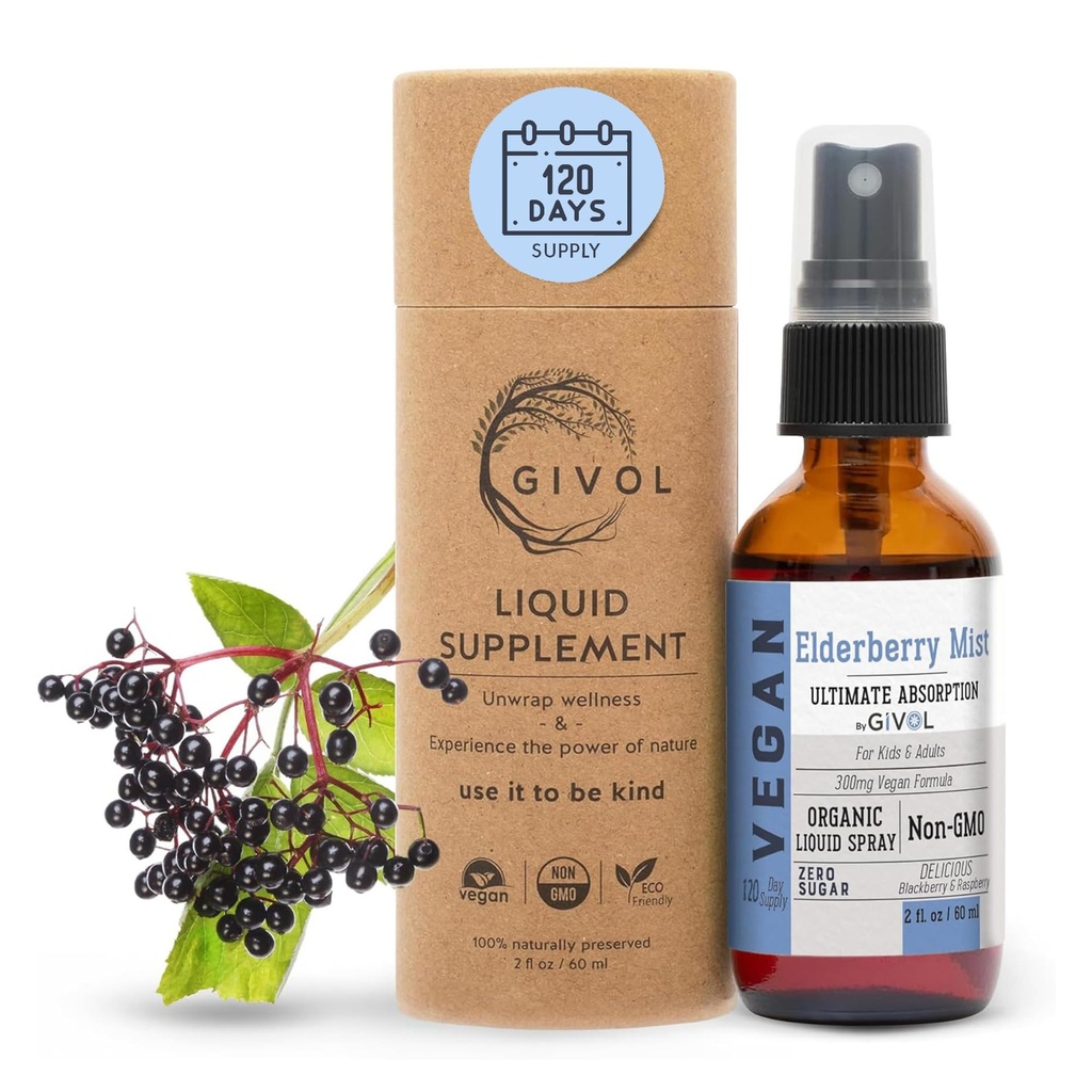 Organic Elderberry Mist (Sambucus Nigra) Liquid Extract - Extra silný imunitní boost pro děti a dospělé - Vysoké Flavonoid úrovně, Easy Absorpce, Non- GMO, Vegan - 120- Day Supply