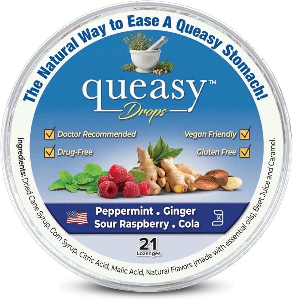 Tři Lollies Queasy Drops - Ease Chemoterapie Nausea & Travel Nemoci - Umožňuje sucho v ústech - Přírodní přísady - 21 ct