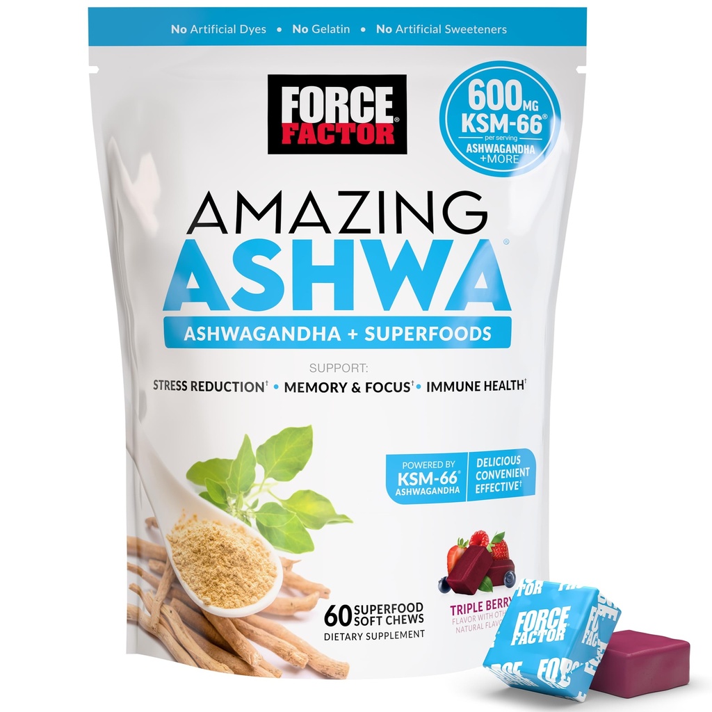 Force faktor Amazing Ashwa pro Stress Relief, Paměť, Focus, a imunitní podpora zdraví, Ashwaganda dodatek s KSM- 66 Ashwagandha pro Stress, 60 měkkých žvýkaček