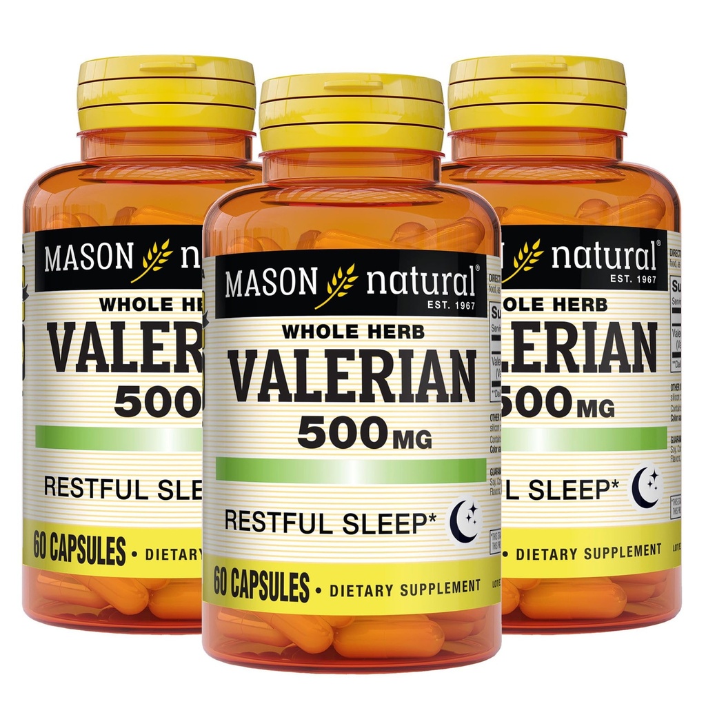 MASON NATURAL Valerian Root 500 mg, 6 Měsíční dodávky, Přírodní spánková pomoc, Podporuje zdravý a klidný spánek, Bylinný dodatek, 3 balení