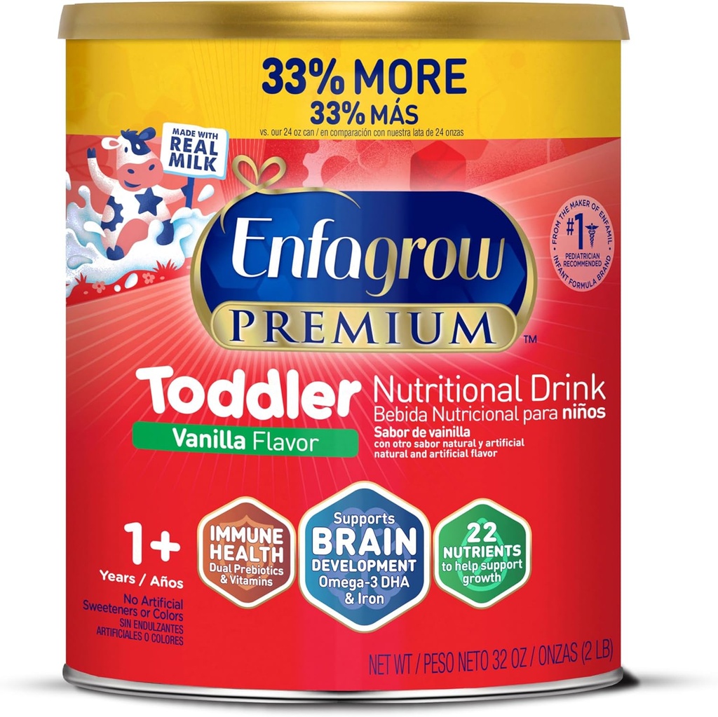 Enfagrow Premium Toddler Nutritional Drink, Natural Vanilla Flavor, Omega-3 DHA pro podporu mozku, Prebiotika a vitaminy pro imunitní zdraví, Non- GMO, Powder Can, 32 Oz (Balení 1