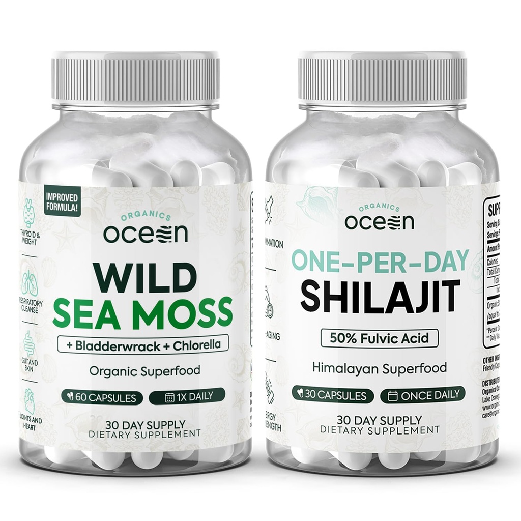 Organics Ocean Wild Sea Moss Kapsle a One- per- Day Shilajit pro muže a ženy - 100% Irský Moss a čisté Shilajit Kapsle - Podpora štítné žlázy pro ženy a muže