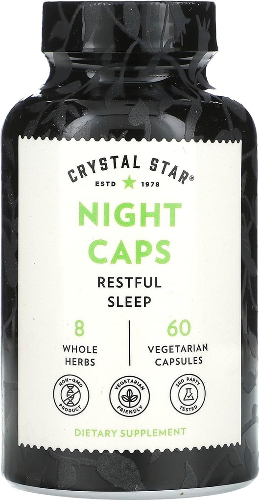 Crystal Star Night Caps Natural Sleep Aid Dodatek (60 Kapsle) - Bylinné Non- Habit Forming - Valerian Root, Kava & Passion Flower - Non- GMO