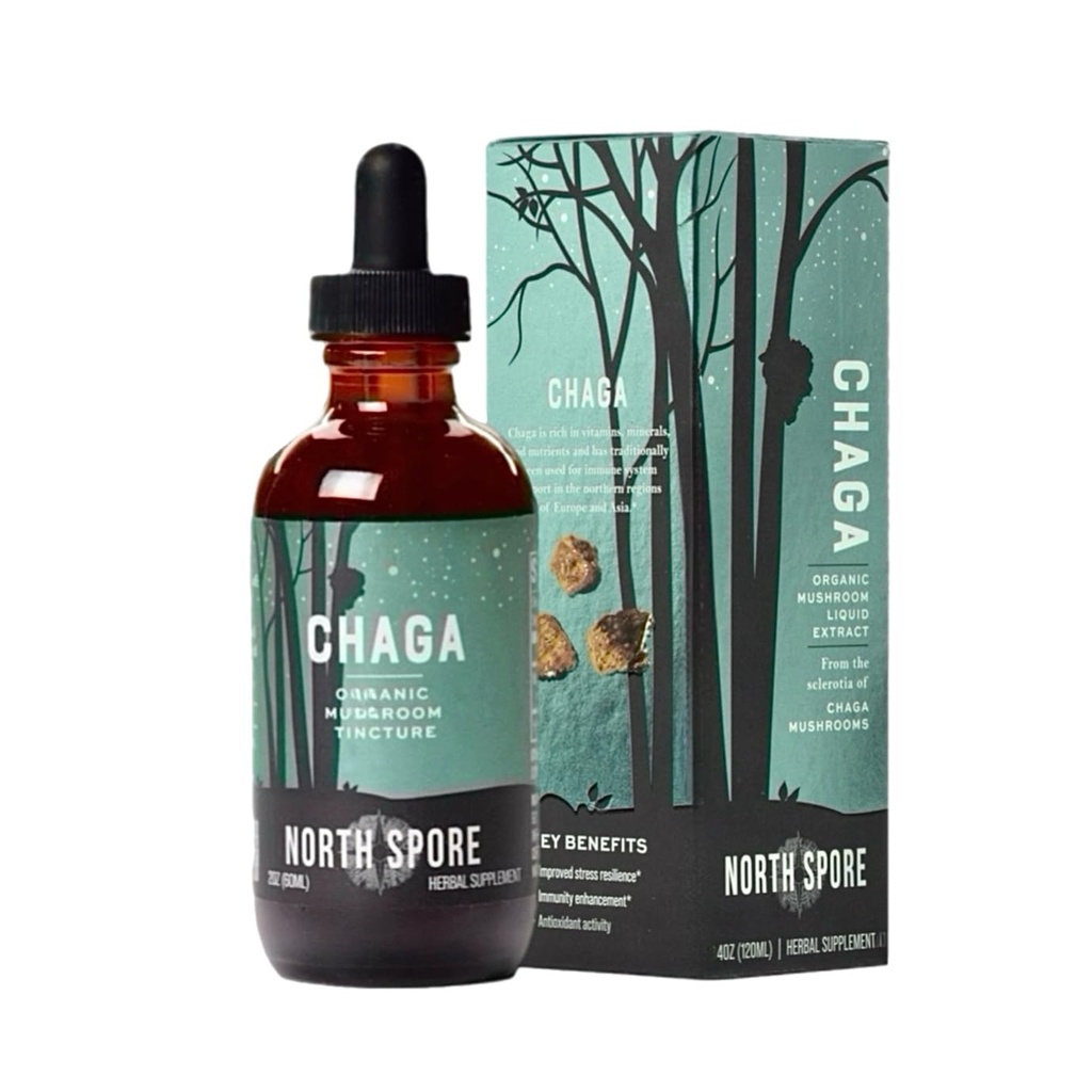 North Spore Organic Chaga Houba tinktura (4 oz) 124; 100% Fruiting Body Extracts CU124; Imunity Support, Energy, and Balance CU124; Certified Organic, Vegan, Non- GMO CU124; Adaptogenic, Nootropic CU124; Made in USA