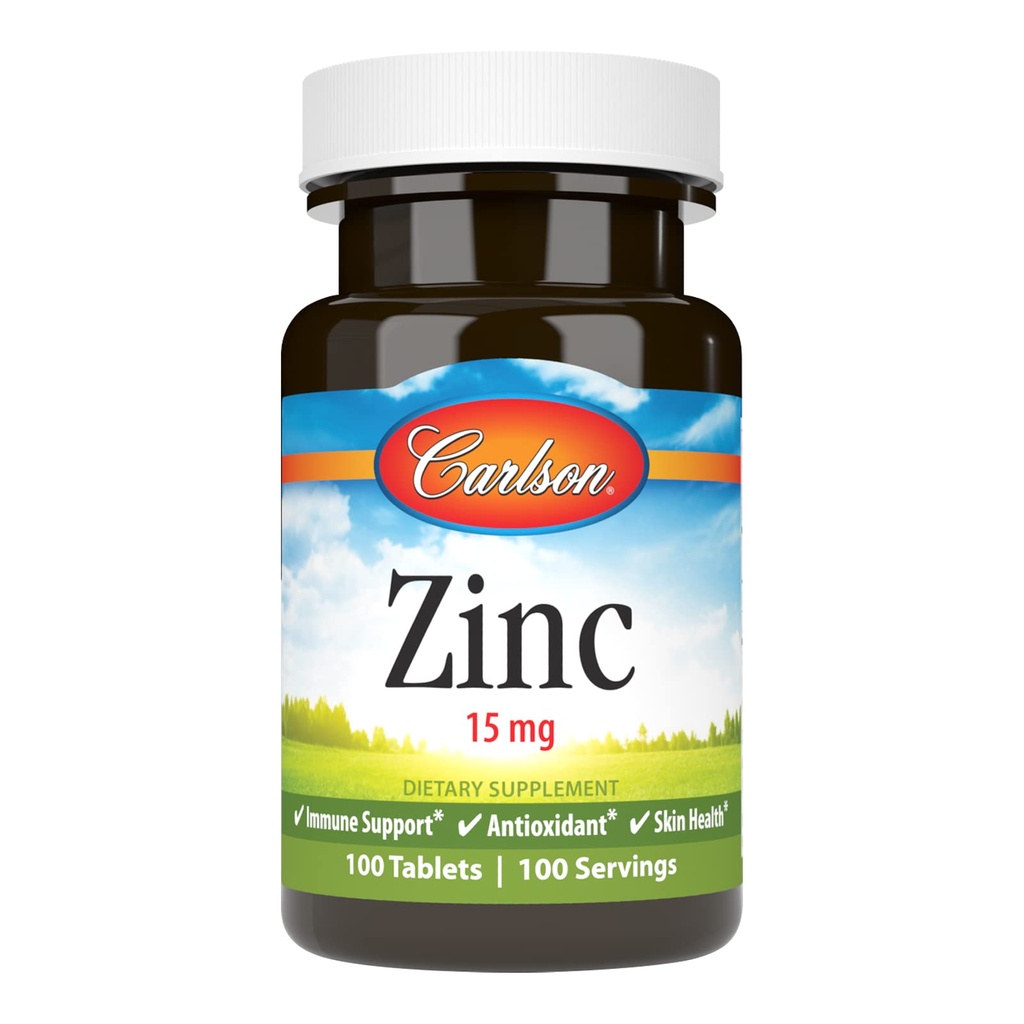 Carlson - Zinek, 15 mg, dodatek zinku, Glukonát zinečnatý, imunitní podpora a zdraví kůže, Zinkové tablety, Antioxidant, Zinkové kapsle, 100 tablet