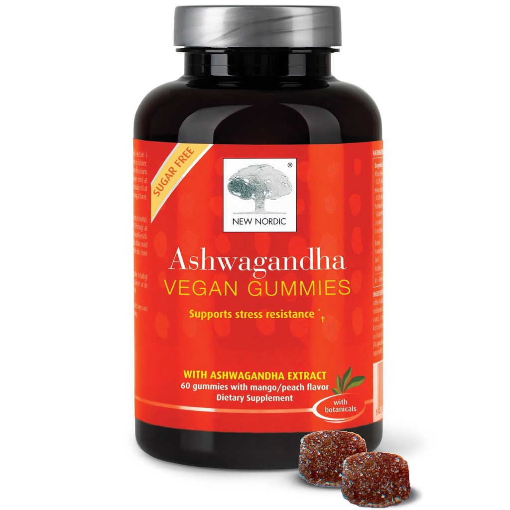 NEW NORDIC Ashwagandha Gummies, 300 mg Ashwagandha Root Extract, Sugar Free, Adaptogeny pro muže a ženy, Delicious Mango Peach, 60 Gummies