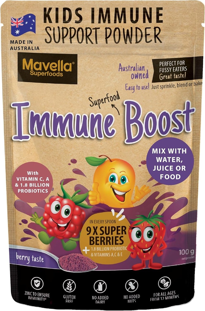 Kids Imunitate Support Powder - Imunitate Boost s vitaminem C A + E, Magnesium & Probiotika pro 9 Superbobulovin - Berry Taste Imunity Gummies Alternative 3.52oz (100g)