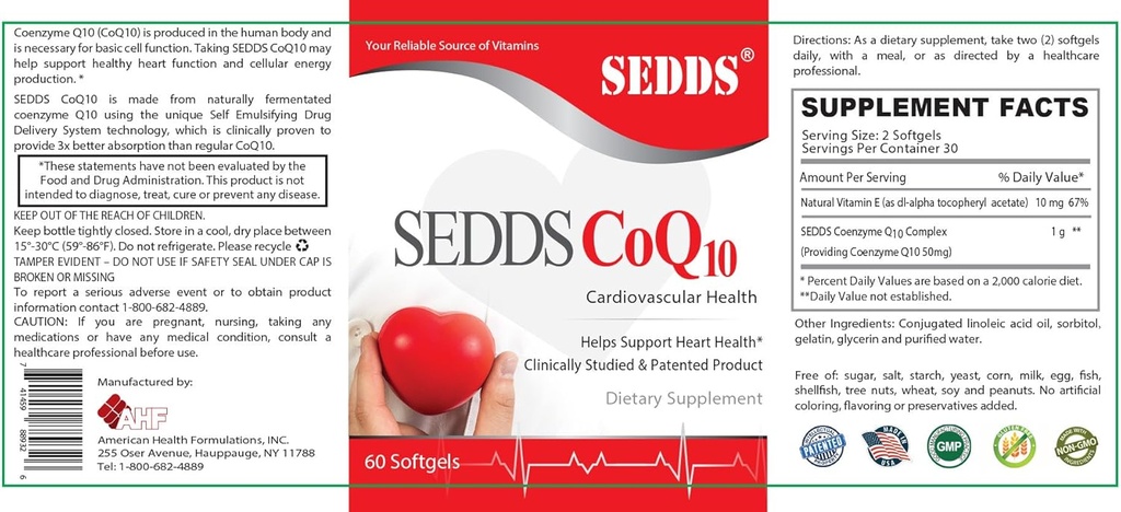 SEDDS ® CoQ10 Ubiquinol Kardiovaskulární doplněk zdraví, Denní vitamin pro srdeční zdraví a energii (60 Počet), Vysoce absorpční tekutý vodotěsný Softgel pro vysoký krevní tlak a cholesterol