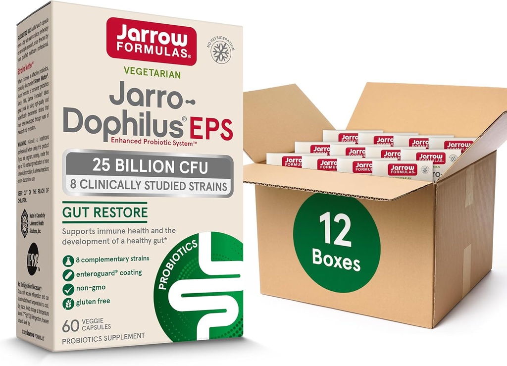 Jarro- Dophilus EPS Probiotika 25 miliard CFU pro podporu střevní trakt, Gut Zdravotní Probiotika doplňky pro ženy a muže, 60 Veggie Kapsle, Až 60 denní dodávky, 12 Balení
