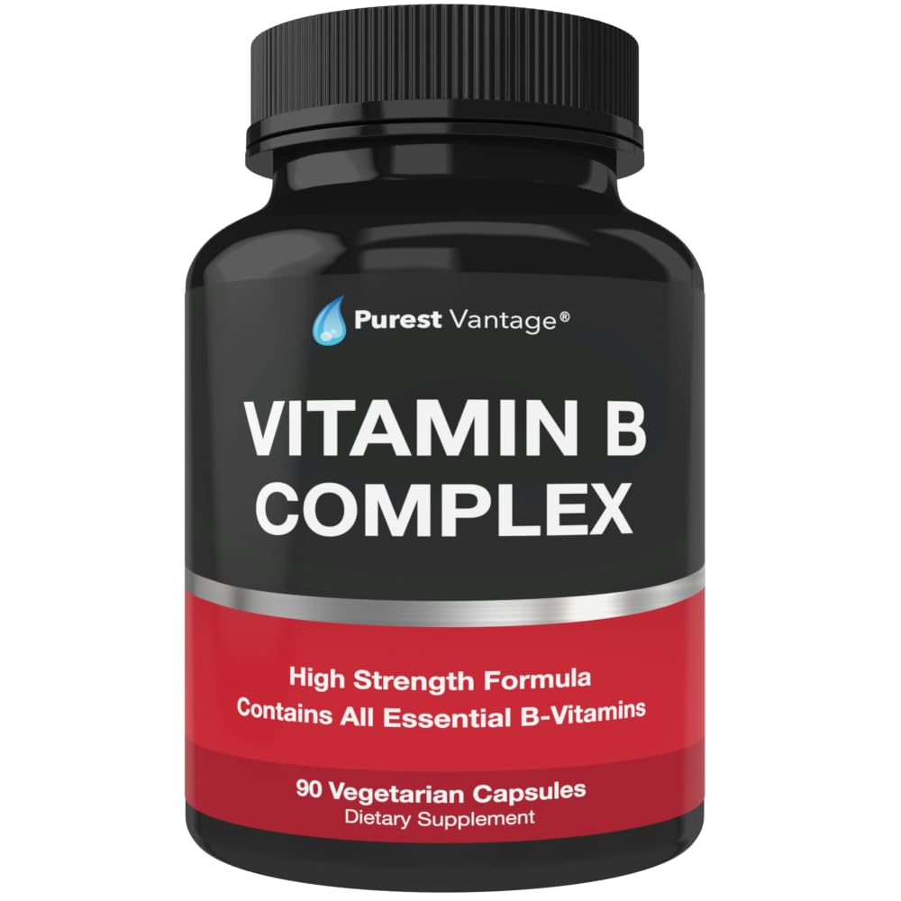 Vitamin B Komplexní vitaminy B12, B1, B2, B3, B5, B6, B7, B9, kyselina listová - Super B Komplexní vitaminy pro ženy, muže, dospělé - 90 Vegetariánských kapslí