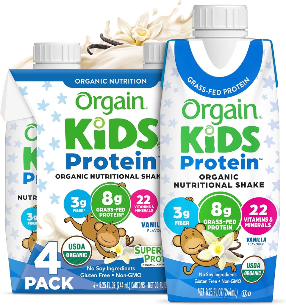 Orgain Organic Kids Protein Nutritional Shake, Vanilla - 8g bílkovin, 22 Vitamíny & Minerály, Ovoce & Zelenina, Gluten Free, Soy Free, Non- GMO, 8.25 Fl Oz (balení po 4)
