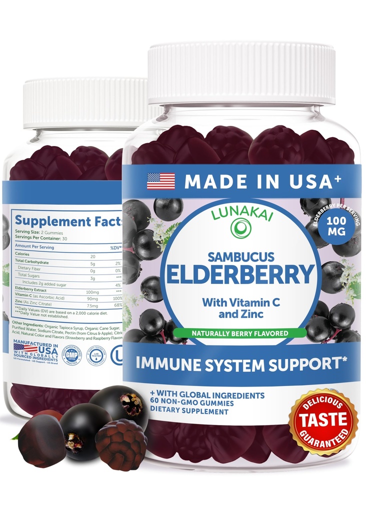 Lunakai USA Made Black Sambucus Elderberry Gummies pro dospělé a děti s vitamínem C & Zinek - Imunitní podpora, Antioxidanty, Non- GMO, 60 Gummies