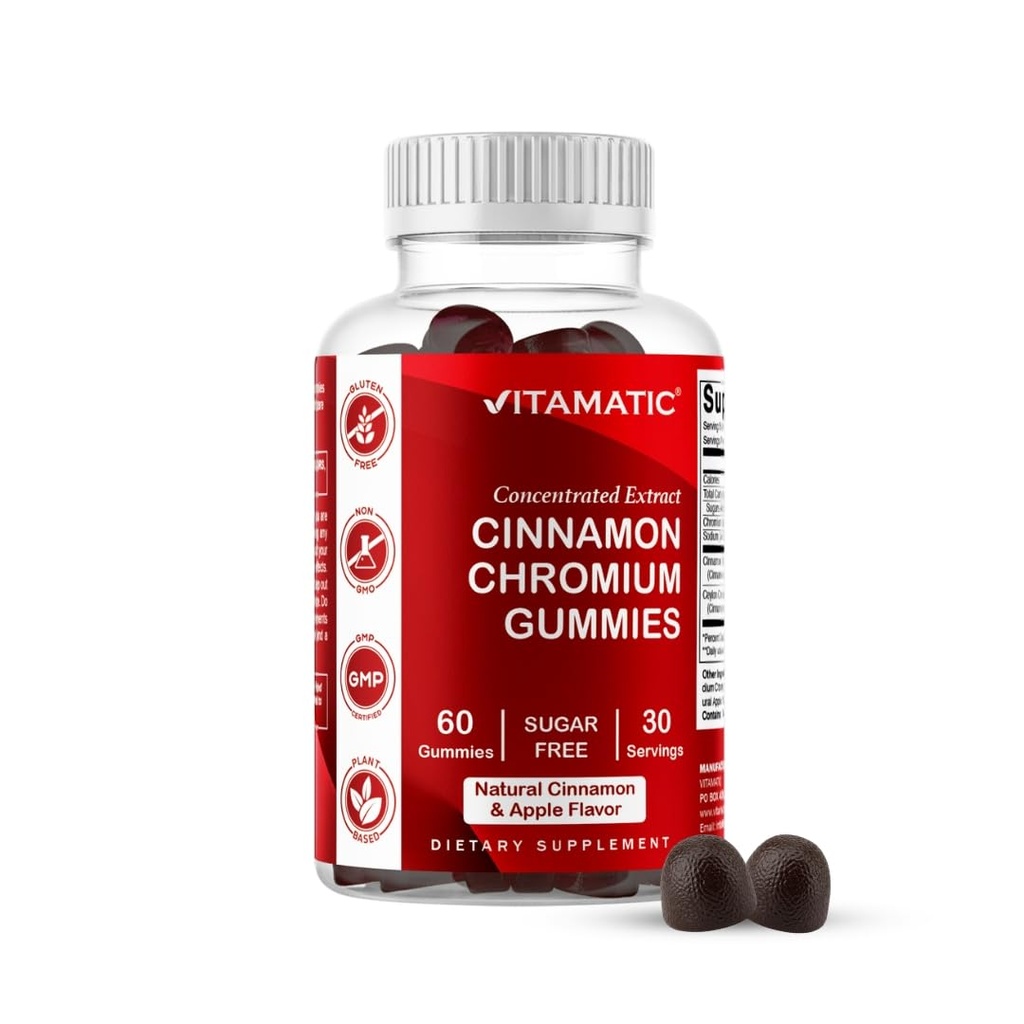 Vitamatic Sugar- Free Chromium Gummies with Ceylon Cinnamon - 2000 mg Ekvivalentní Per Serving (from Extract 83 mg) - Non- GMO, Gluten- Free - 60 Vegan Gummies