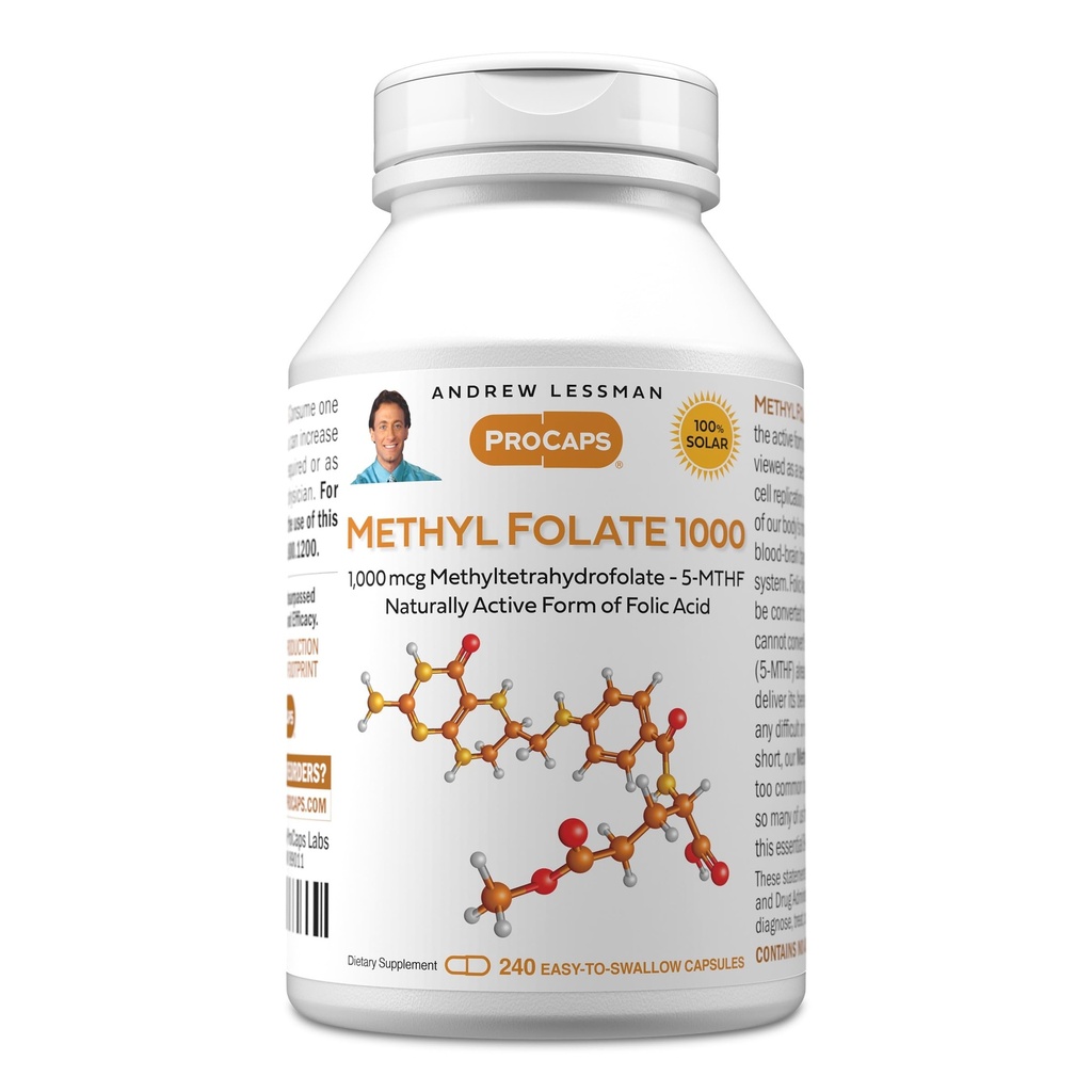 ANDREW LESSMAN methyl folát 1000mg - 240 Kapsle - 1000 mcg L-methyl folát, Potenciální hladiny esenciálního vitaminu B9. Podporuje zdravé srdce, mozek, imunita a těhotenství. Snadno spolknout tobolky