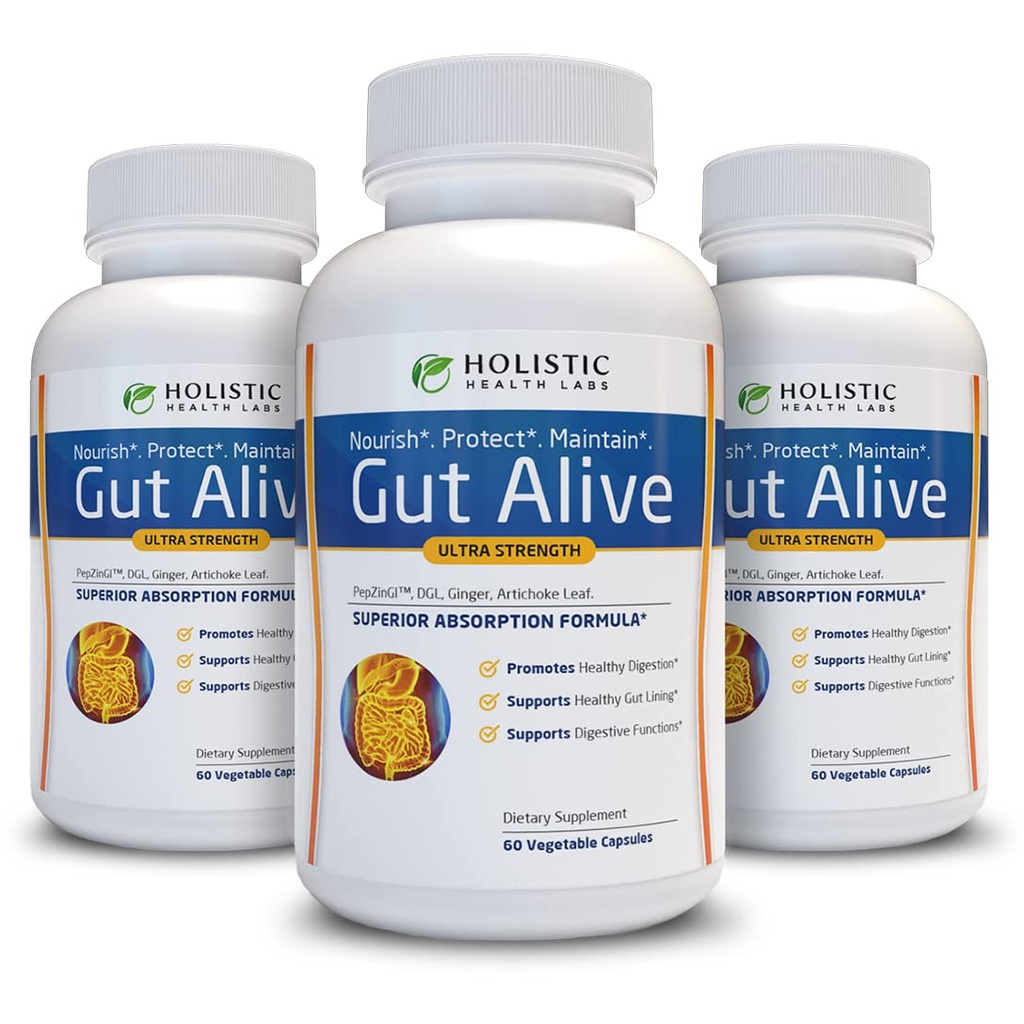 Gut Alive - Všechna přírodní podpora pro boj s IBS, Heartburn, kyselé požití, kyselý reflux, floating & Gas. Unikátní formulace (60 Počet (balení 3))