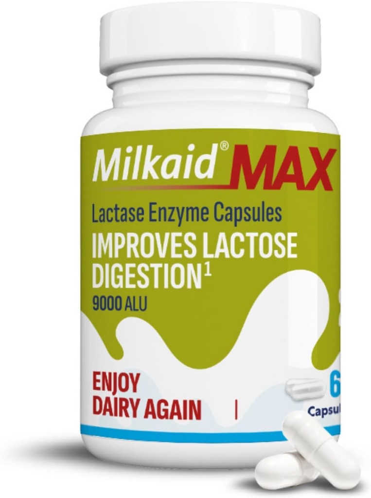 Mléčné kapsle Max Intolerance laktózy Relief s enzymem laktázy, Dietní dodatek k pomoci zabránit plynu, nadýmání a průjem Vzhledem k citlivosti laktózy 124; 9000 ALU (60 kapslí, bez příchutí)