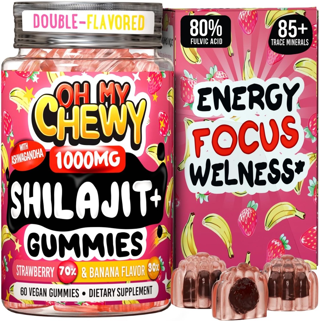 Čisté himalájské shilajit gummies - High potency Gold Grade Resin - Energy Boost a imunitní podpora pro muže a ženy s Ashwagandha a Shatavari - 60 Gummy - Jahoda & Banana