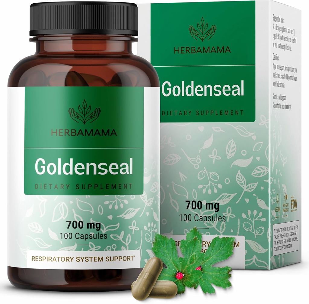 HERBAMAMA Goldenseal Root Capsules 700mg - Respirační systém a imunitní podpora s Goldenseal Powder Dodatek - Vegan, Non- GMO
