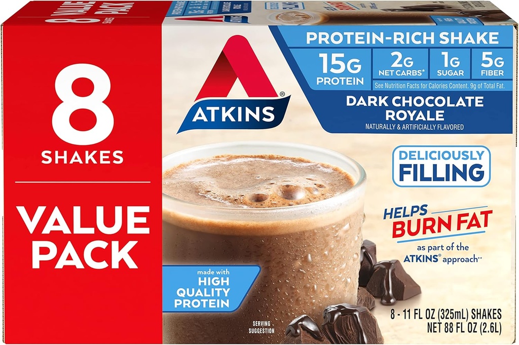 Atkins gluten Free Protein- Rich Shake, Dark Chocolate Royale, Keto- Friendly, 8 Počet (balení po 1)