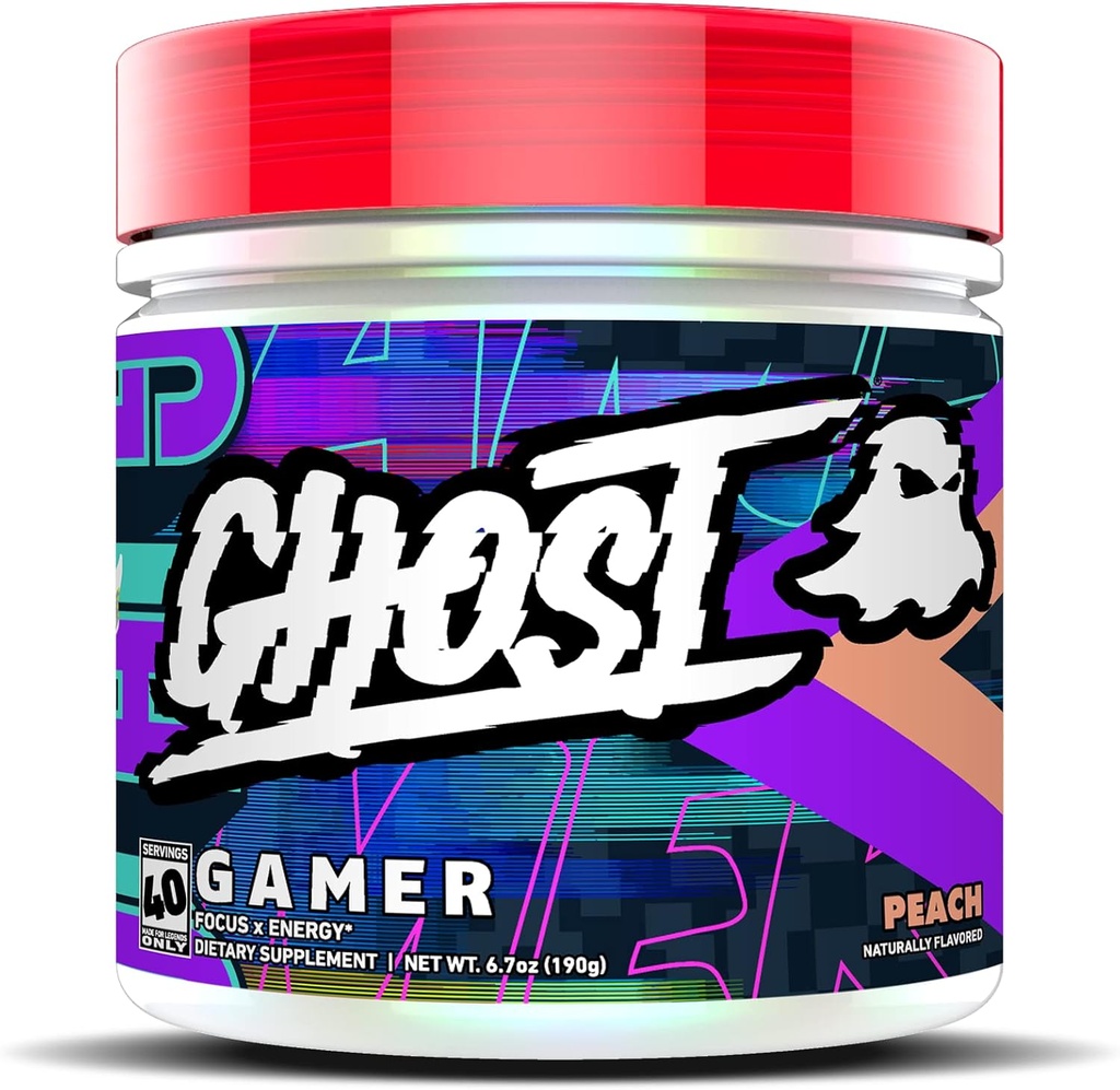 GHOST Gamer: Energy and Focus Support Formule - 40 Služeb, Broskve - Nootropics & Přírodní kofein pro pozornost, Přesnost & Reakční čas - Vegan, gluten- zdarma