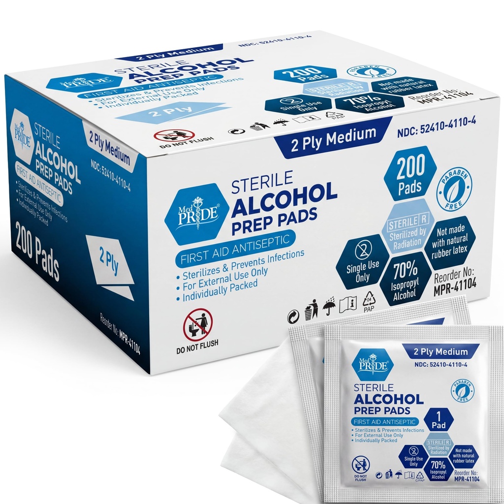 MED PRIDE Sterilní Alkohol Prep Pady, Antiseptická, 70% Isopropyl, Individuálně zabalené, Lékařský stupeň 2 Ply Wipes (200 Počet (balení po 1) bílé)