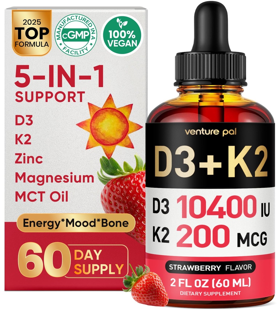Venture Pal 5- in-1 Vitamin D3 10000 IU & K2 jako MK-7 200mcg s hořčíkem, MCT Oil, zinek, bezcukerný vitamin D tekutý 124; maximální absorpce pro kostní, moodové a imunitní zdraví - 2 FL OZ, 67 dní