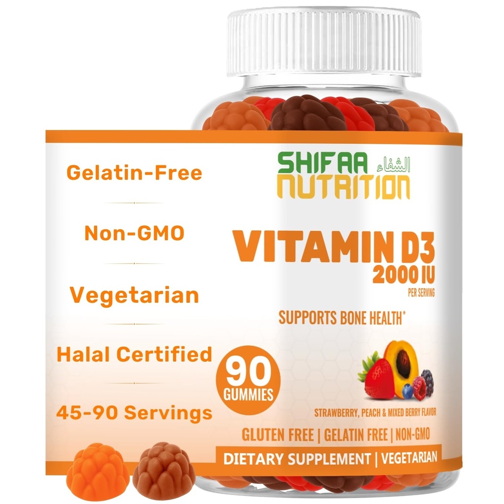 SHIFAA NUTRITION Vegetarian Vitamin D3 Gummies pro dospělé a děti 124; 45- 90 Servings, 2,000IU / 1,000IU RYB124; Non- GMO, gluten- Free, želatin- Free Vitamíny 124; Podporuje kosti, svalů a imunitního systému Halogenity