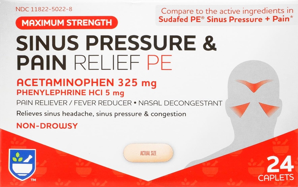 Rite Aid Sinus Pressure and Pain Reliever PE, Non- Drowsy - 24 Tablet CLAS124; Sinus Relief CLAS124; Nasal Decongestant CLAS124; Studená medicína pro dospělé CLAS124; Alergie Medikace CLAS124; Alergie Relief CLAS124; Mucus Relief