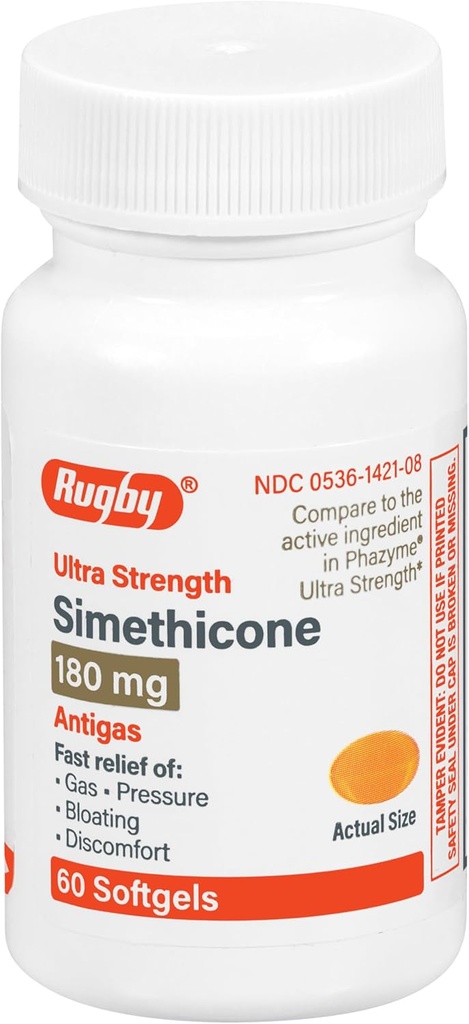 Rugby Ultra Strength Simethicone Gas Relief 180 mg - Maximum Gas Relief pro dospělé - Může pomoci s příznaky Flatulence, Nadýmání, Plynová Fullness - 60 Softgels (1 balení)