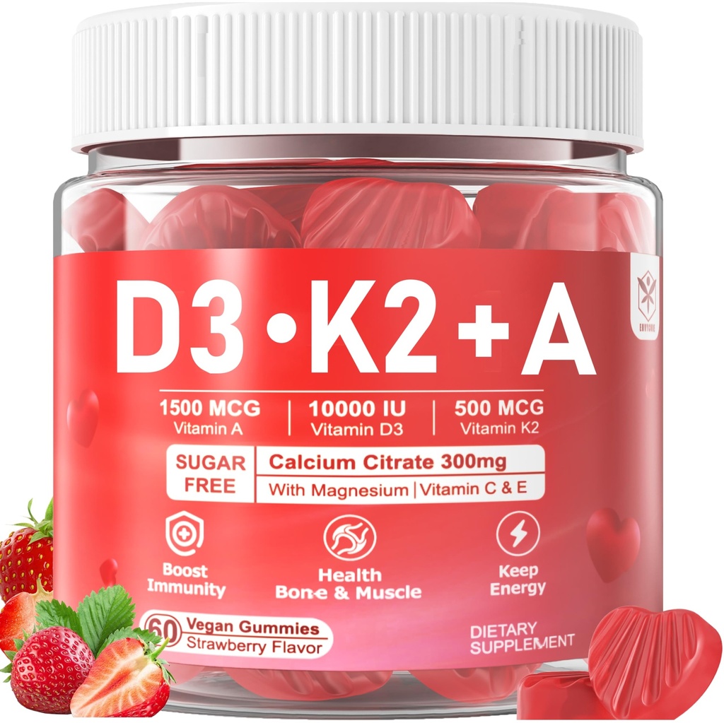 Vitamin D3 10000iu + K2 MK7 + A Gummie s hořčíkem zinek pro ženy a muže, vysoká potence ADK doplněk vitaminu podporuje zdravý imunitní systém, funkce kostí a vizí, bez cukru 120 Cts