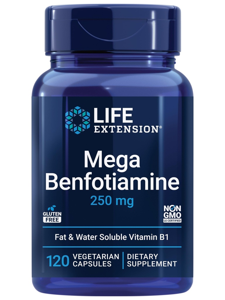Life Extension Mega Benfotiamin, 250 mg, a Fat- Soluble Form of thiamin, Zdravý metabolismus, Ultra- bioavailable Vitamin B1, vysoká potence, gluten- Free, Non- GMO, Vegetariánské, 120 Kapsle
