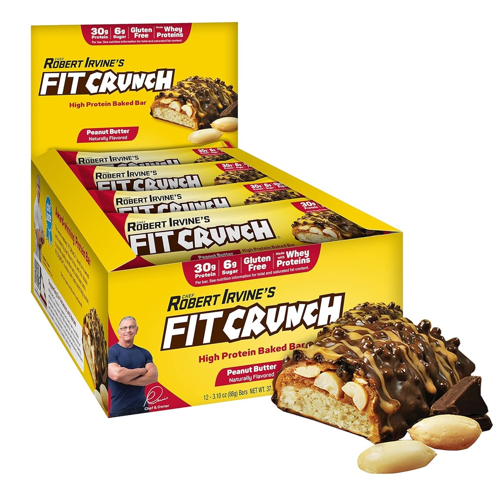 FITCRUNCH Plná velikost proteinové tyčinky, 6-vrstvý pečený bar, 6g cukru, gluten zdarma & měkký dort jádro (12 barů, arašídové máslo)