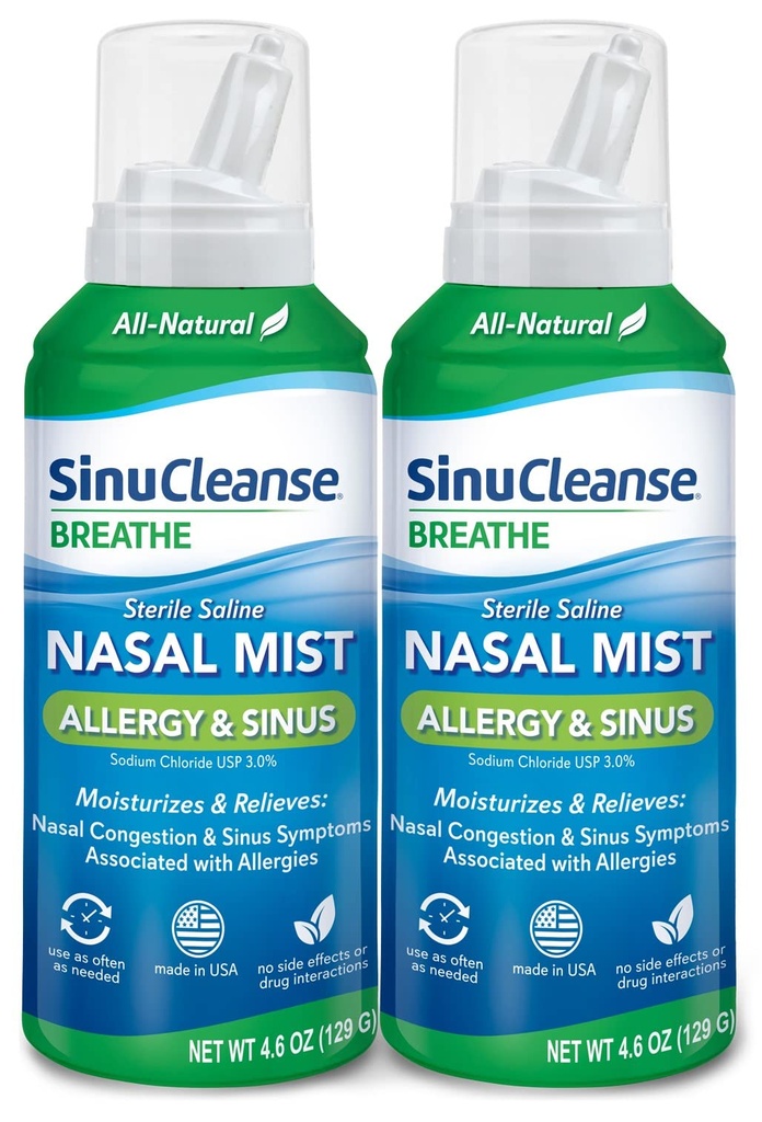SinuCleanse Alergie & Sinus Sterilní Saline Nasal Spray, Ultra Fine Mist, Okamžitě hydratuje a zmírňuje těžké Nasal zácpy kvůli alergie, 4.6 Oz (2 Pack), Made in USA