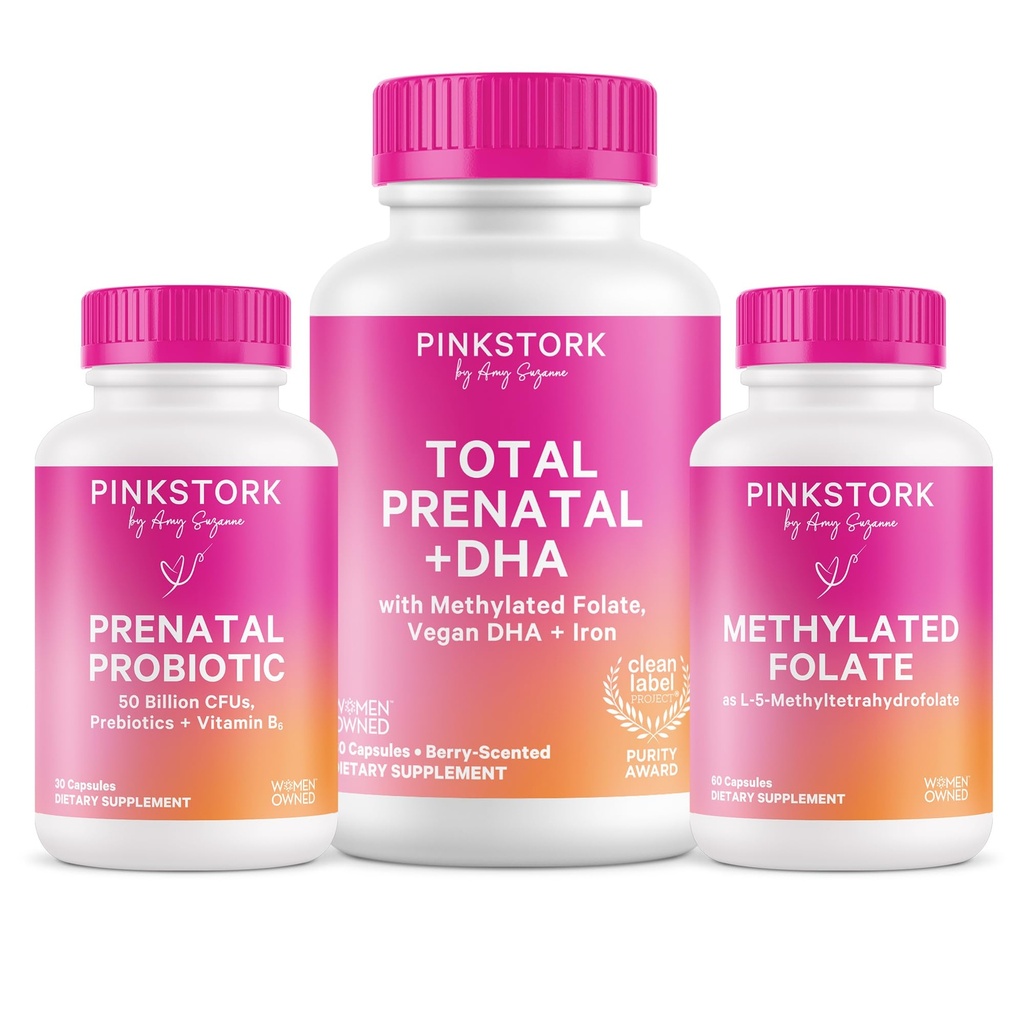 Pink Stork Total Prenatal, Probiotic & Methylfolát - Těhotenství Wellness Bundle