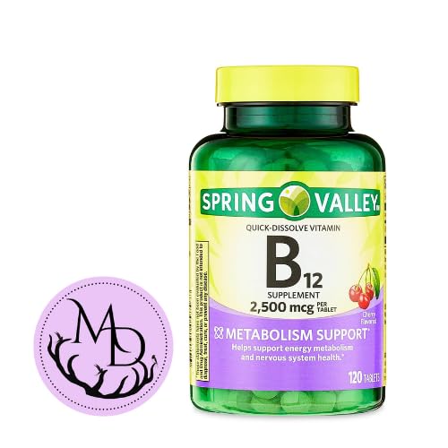 Generické Spring Valley, Vitamin B12 2500 mcg, B12 Quick-Rozpusťte Cherry Flavor Tablety Dietní dodatek, Vitamin B12, 120 Počet + DRI Store + Sticker