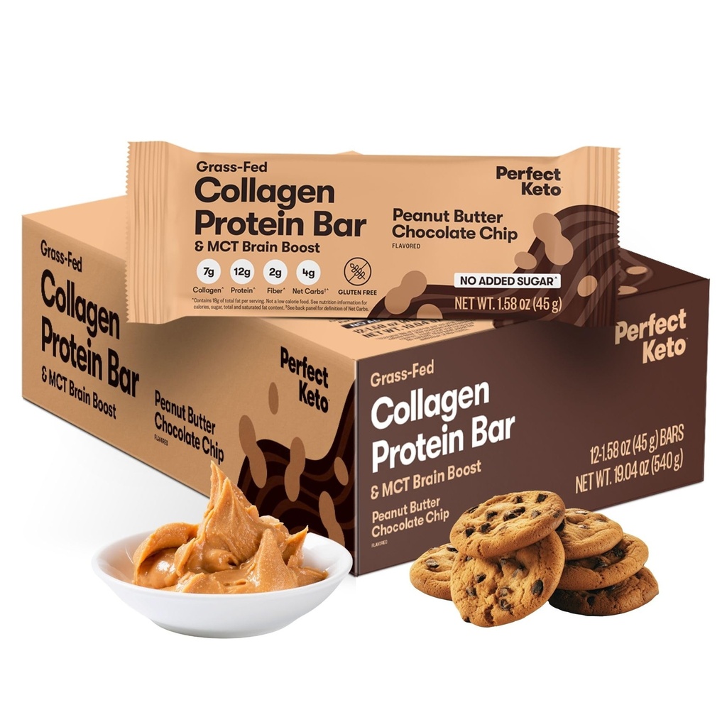 Perfektní Keto kolagen protein Bar, Gluten Free Grass Fed kolagen + MCT Olej, Nízké sacharidy, No Cukr Přidáno, High Protein Snacks, Keto dietní potraviny, 13g protein, 18g tuk, 3g čisté sacharidy, arašídové máslo Chocolate Chip, 12 Bary