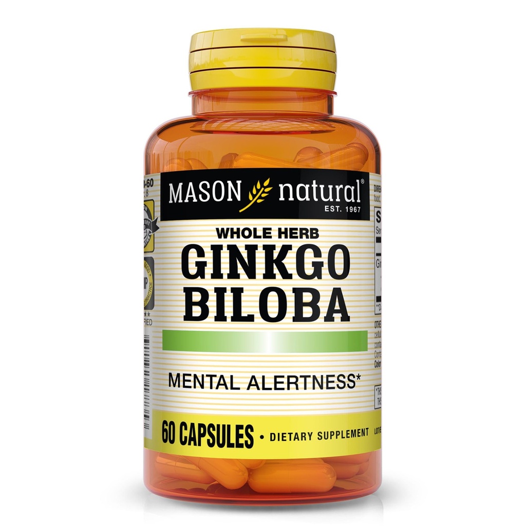 Mason Natural Ginkgo Biloba, 1 měsíční dodávka, Pomáhá zlepšit duševní bdělost & Podpora optimální funkce mozku, 60 Kapsle