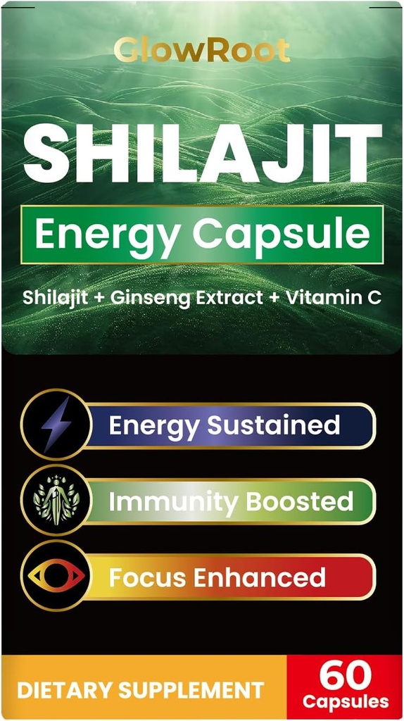 Shilajit Kapsle, Himaláje, Abundant Fulvic Acid & 85 + Stopy Minerály, Lepek zdarma, Žádný přidaný cukr Shilajit Kapsle pro muže a ženy