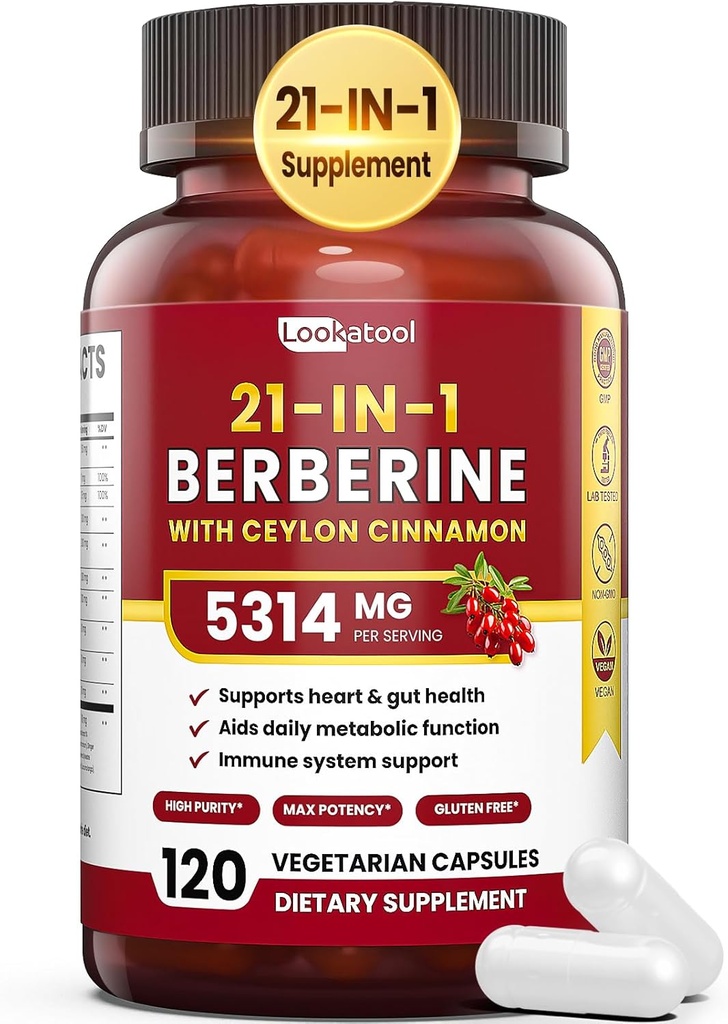 21- in-1 Berberine dodatek s Ceylon Skořice - 1500mg Organic Berberine HCL Phytosome, 5X Vyšší absorpce pro metabolismus Podpora 100 Kapsle