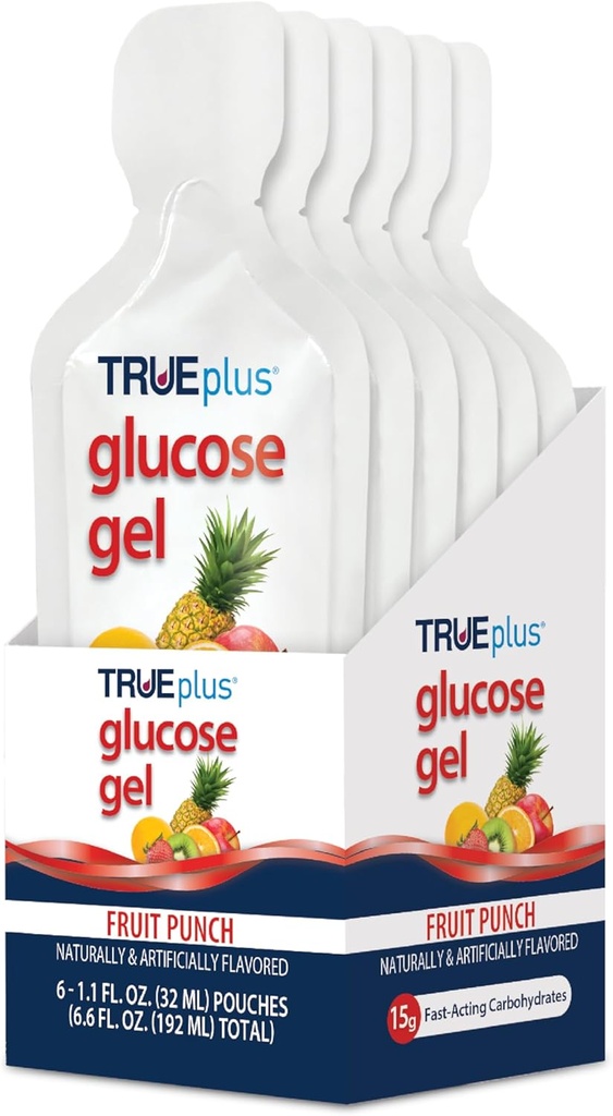 TRUEplus Glukóza Gel Pouch, Ovocný punč Flavor, 15g Fast- působící sacharidy, Fat Free, gluten Free, Rychlá podpora pro nízkou hladinu cukru a energie v krvi, 6 Pack