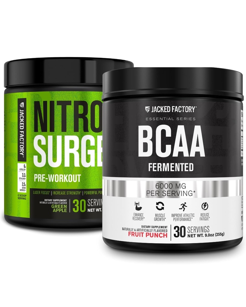Jacked Factory Nitroflusion Pre- cvičení v Green Apple & BCAA v ovocném punči pro budování a obnovu svalů