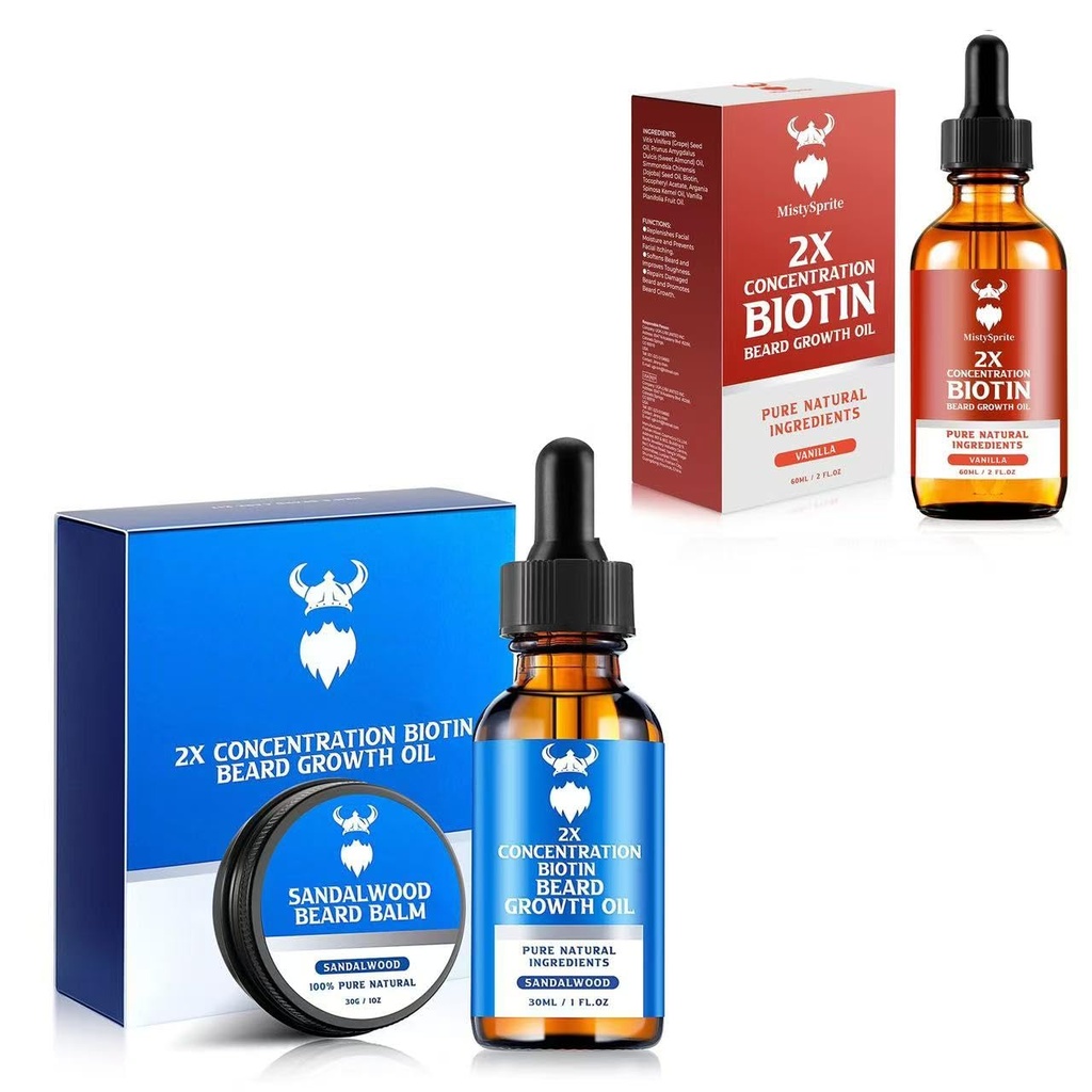 Sandalwood Beard Růstový kit s 2X Biotin pro muže a Vanilla Beard Růstový olej Přirozené ingredience & Thickens Facial Vlasy Růst