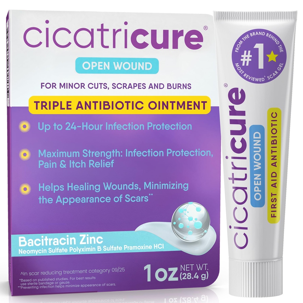 Cicatricure Triple Antibiotic Ointment with Pain Relief, Bacitracin Antibiotic Ointment & Cream for Wound Care, Hojení Ointment for Cuts, Burns, Hmyz Bites, První pomoc dodávky Essential, 1 oz