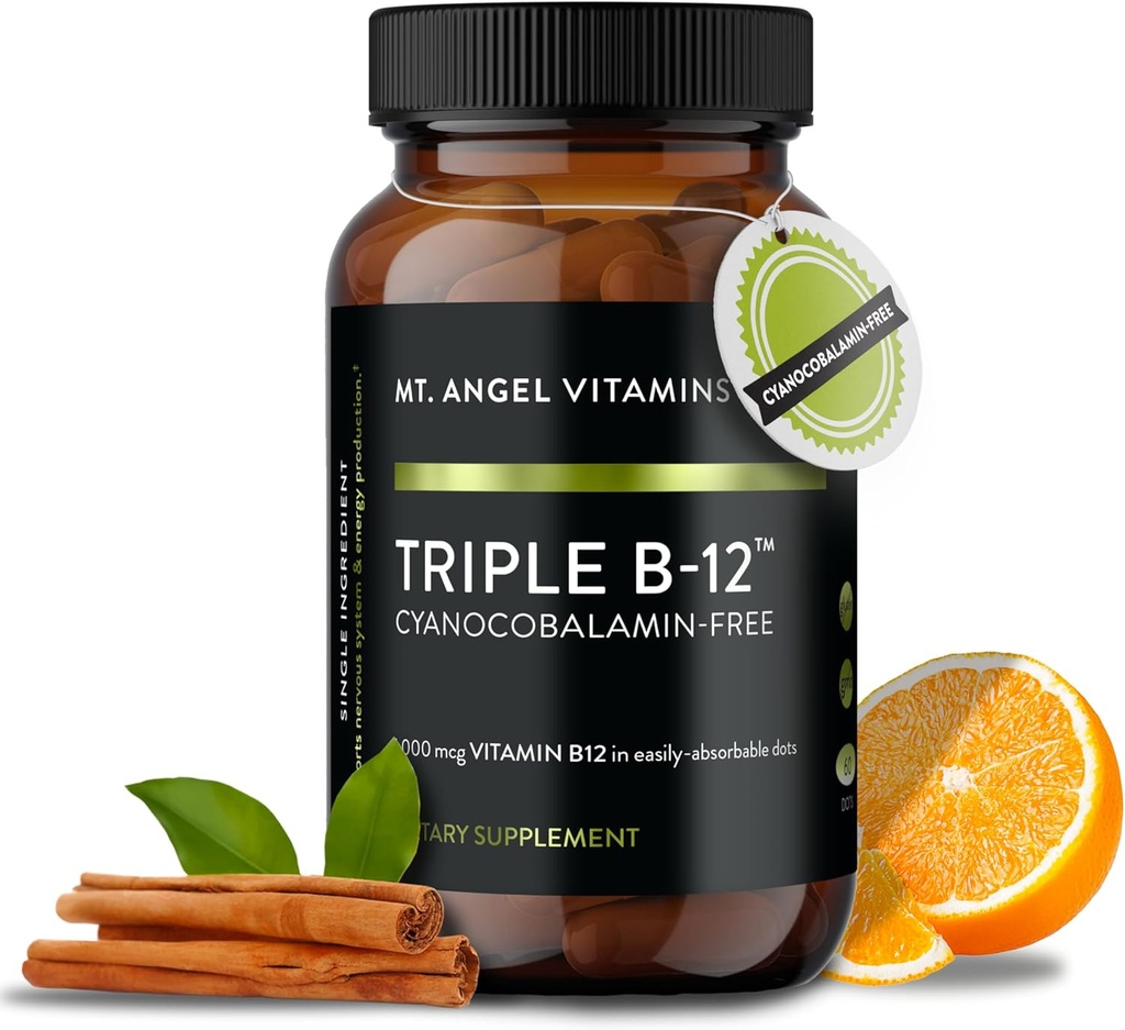 Mt. Angel Vitamíny - Triple B-12 Dots curren124; Fast-Disolving Dots, Směs methylkobalaminu, Adenosylkobalaminu a hydroxokobalaminu, Podporuje energetické a nervové zdraví - 60 Dots